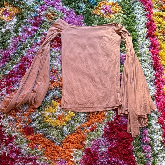 FP Birds of Paradise Bell Sleeve Elegant Tan Off-Shoulder Top - Picture 5 of 6